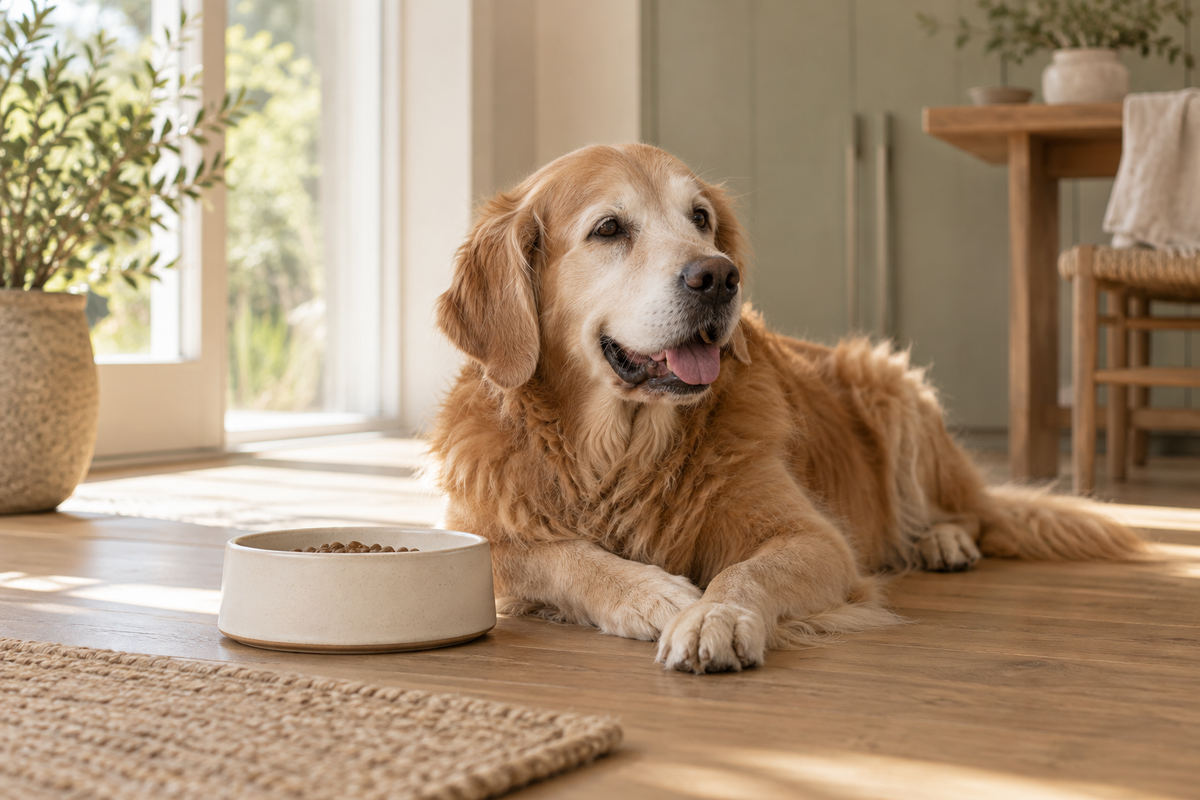 Senior golden retriever resting beside a ceramic food bowl