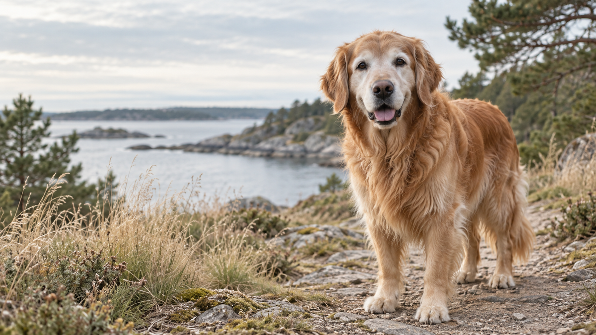 Senior golden retriever on a coastal path